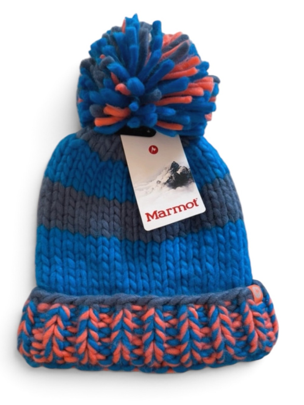 Marmot Kids Blue, Gray & Coral Pom Knit Beanie